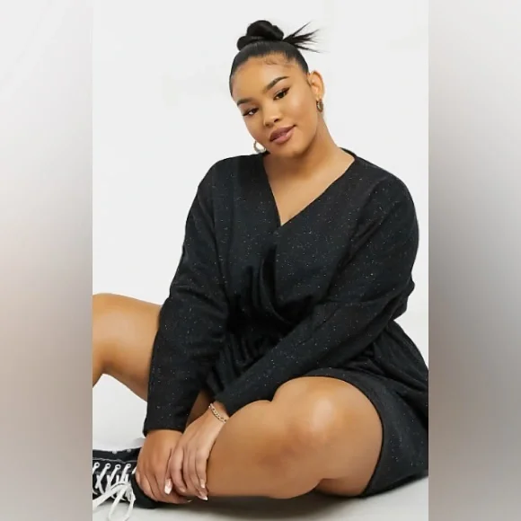 ASOS DESIGN Curve mini wrap mini dress with long sleeves in black - Picture 1 of 6